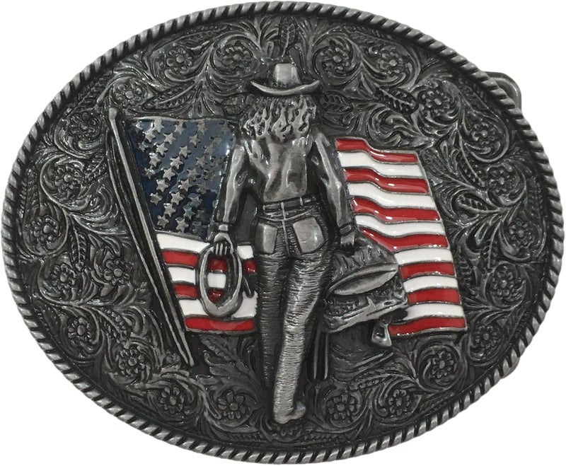 Handmade Western Cowgirl Belt Buckle American West Cow Girl USA Flag - Image 1